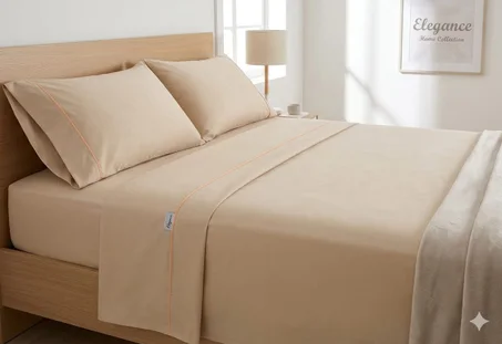 Parure de Draps 4 Pièces en 50% Coton  50% polyster Bio (Design Uni) By Maison de Confort -  Couleur : Beige