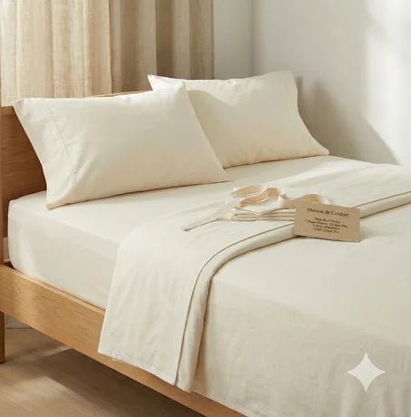 Parure de Draps 4 Pièces en 100% Coton Bio (Design Uni) By Maison de Confort -  off-white beige clair