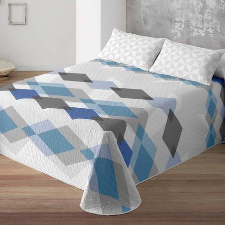 Couvre-lit  boutis double face  Bleu Geometrique UNIFABRICS comprend 2 Housses d'oreillers