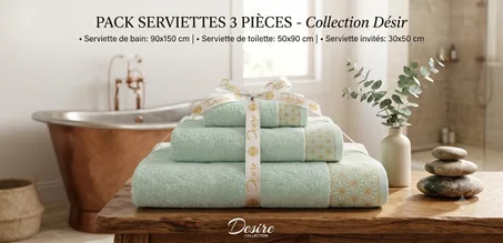 Pack Serviettes de Bain Vert D'eau 100 % Coton – Collection Désir (3 Pièces)