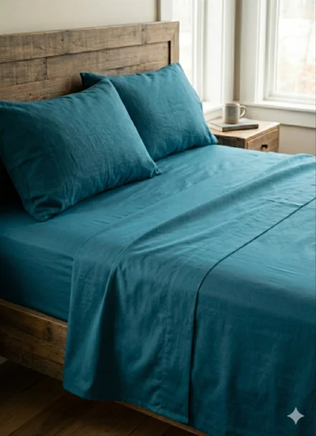 Parure de Draps 4 Pièces en 100% Coton Bio (Design Uni) By Maison de Confort -  Bleu-Canard