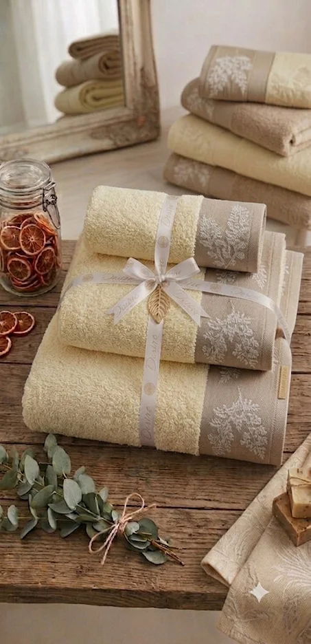Pack Serviettes de Bain Beige Écru Coton – Motif Feuillage (3 Pièces)