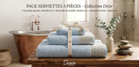 Pack Serviettes de Bain Bleu Ciel Coton – Collection Désir (3 Pièces)