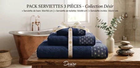 Pack Serviettes de Bain Bleu Marine 100 % Coton – Collection Désir (3 Pièces)