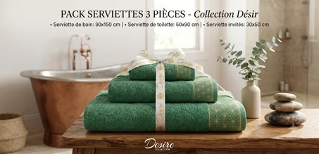 Pack Serviettes de Bain Vert Émeraude 100% Coton – Collection Désir (3 Pièces)