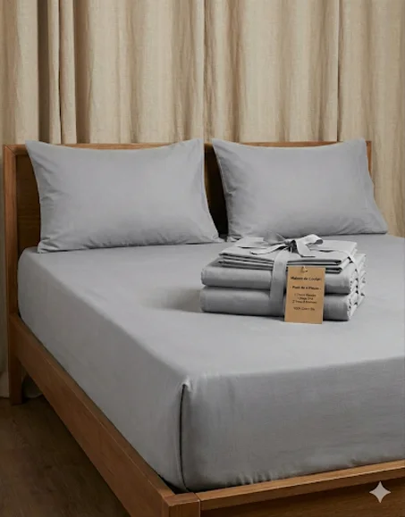 Parure de Draps 4 Pièces en 100% Coton Bio (Design Uni) By Maison de Confort -  GRIS CLAIR