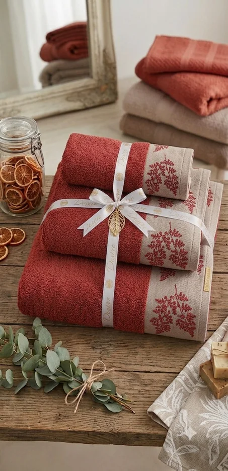 Pack Serviettes de Bain Rouge Brique 100% Coton – Motif Feuillage (3 Pièces)