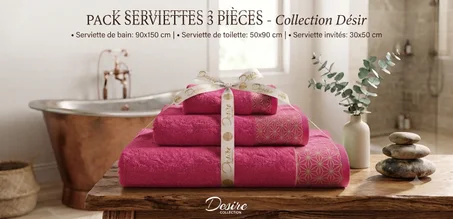 Pack Serviettes de Bain Rose Framboise  100% Coton – Collection Désir (3 Pièces)