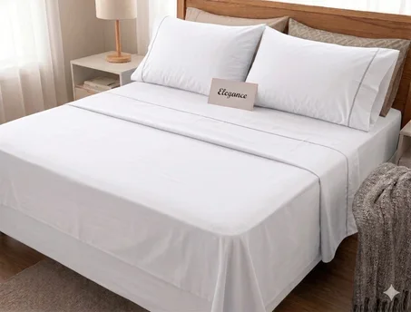Parure de Draps 4 Pièces en 50% Coton  50% polyster Bio (Design Uni) By Maison de Confort -  Blanc