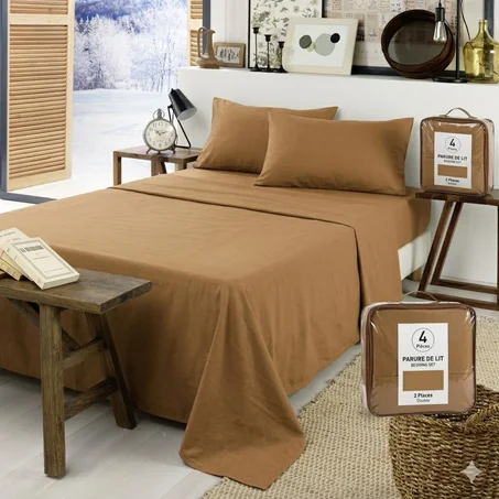 Parure de Draps 4 Pièces en 100% Coton Bio (Design Uni) By Maison de Confort -  Marron-Clair