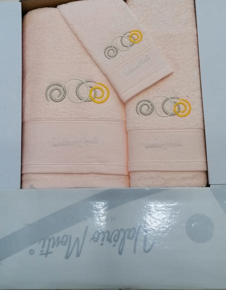 Lot de 3 Serviettes : Ensemble de Bain, 3 pièces, avec Broderie, 100% Coton MADE IN PORTUGAL Couleur : Saumon