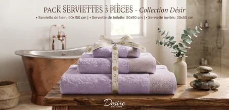 Pack Serviettes de Bain Mauve 100% Coton – Collection Désir (3 Pièces)