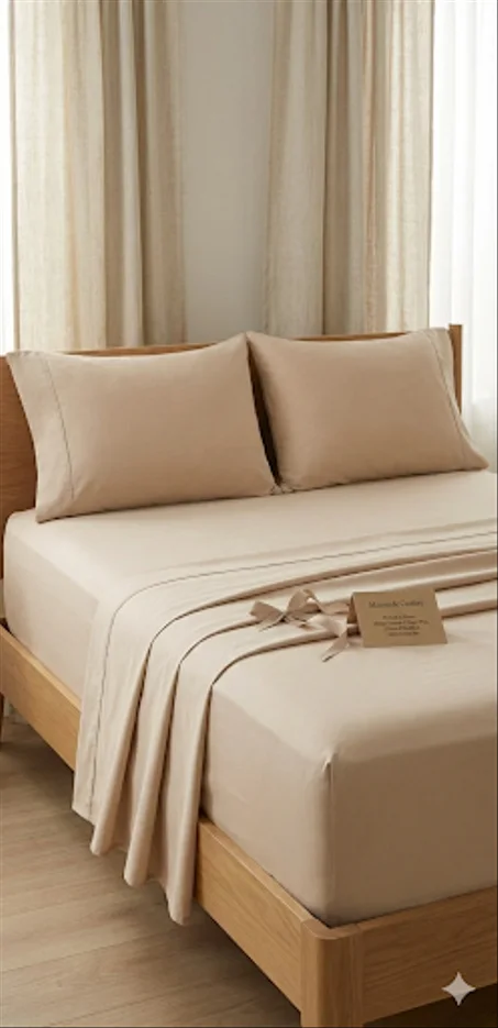 Parure de Draps 4 Pièces en 100% Coton Bio (Design Uni) By Maison de Confort -  Beige Clair