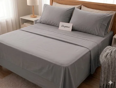 Pour Lit 160 cm = Parure de Draps 4 Pièces en 50% Coton  50% polyster Bio (Design Uni) By Maison de Confort -  Couleur : Gris