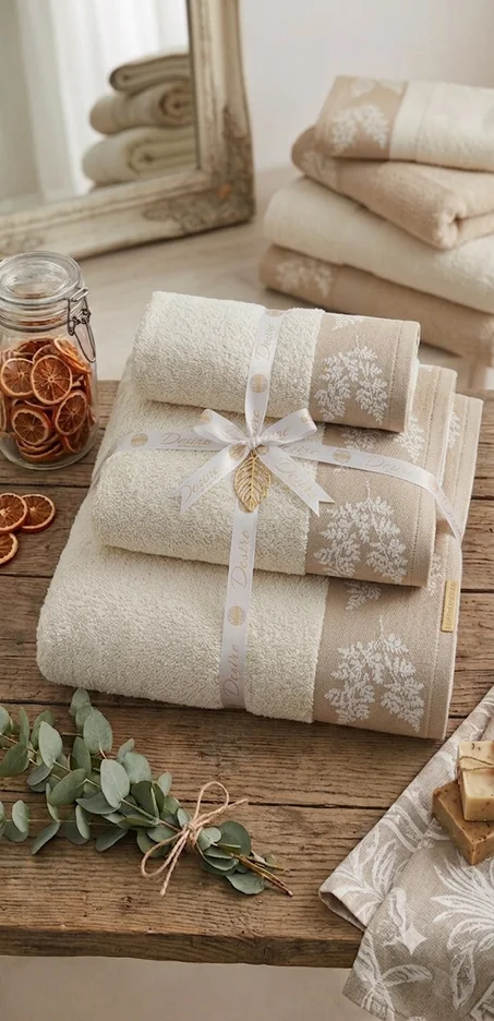 Pack Serviettes de Bain Blanc Écru 100% Coton – Motif Feuillage Beige (3 Pièces)