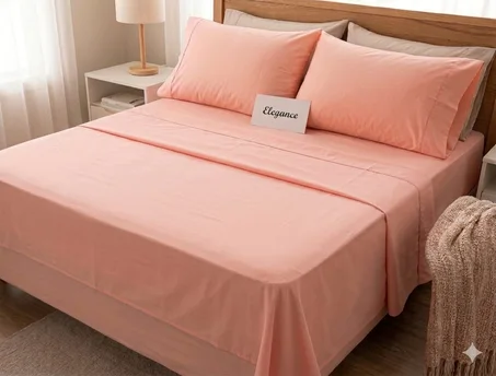 Parure de Draps 4 Pièces en 50% Coton  50% polyster Bio (Design Uni) By Maison de Confort -  Couleur : Saumon