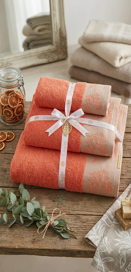Lot de 3 Serviettes de Bain Coton Orange Papaye 100 % Coton