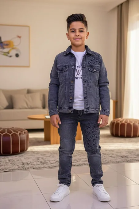 طقم جينز اولادي (جاكيت-تيشيرت-بنطلون) 3 قطع (3-12) Louis Vuitton