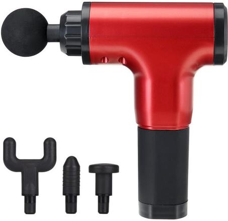 مدلك اهتزازي للعضلات والجسم مع 4 رؤس مختلفة لكامل اجزاء الجسم للشعور بالإسترخاء والراحة بعد الرياضة او عند الإصابة او عمل شاق قابل للشحن - أحمر