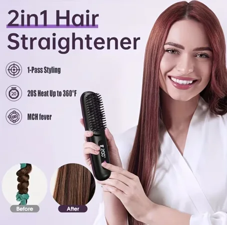 Brosse Lissante Chauffante Sans Fil — Rechargeable USB, 3 Températures, Ultra Compacte