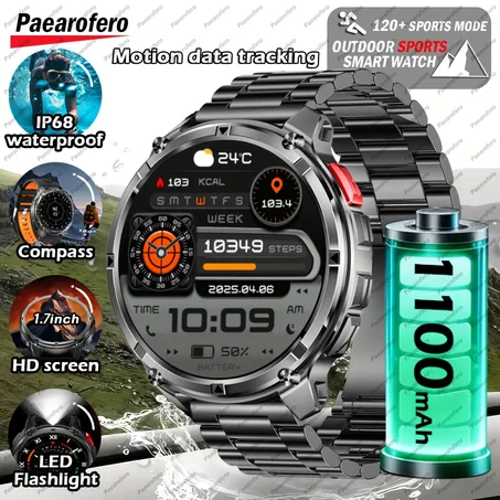 Montre Connectée  1,7" HD | Appels Bluetooth | Batterie 1100 mAh | Lampe LED | Boussole | 120+ Sports | IP68