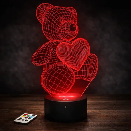 Lampe 3D Ourson Cœur LED RGB – Veilleuse Romantique