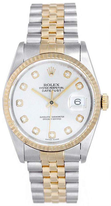 ROLEX DATEJUST MEN'S 2-TONE STEEL & GOLD WATCH SILVER DIAMOND DIAL