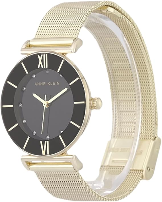 ساعة يد للنساء من آن كلاين، بمينا مرصع جليتر وسوار شبكي