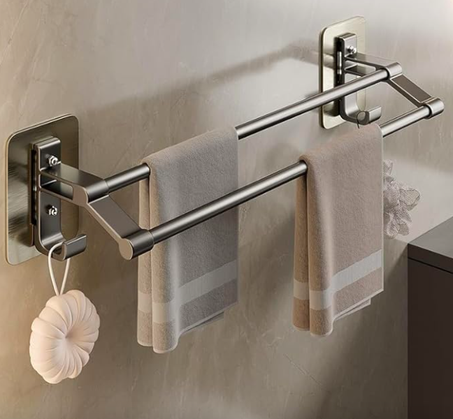 حامل مناشف من ترايكتيل، حامل مناشف ذاتي اللصق من الالومنيوم المضاد للصدا، قضيب رف منشفة مزدوج من طبقتين مع خطافين، قضيب منشفة معدني بدون ثقب، يثبت على الحائط 50 سم للحمام والمطبخ والدش