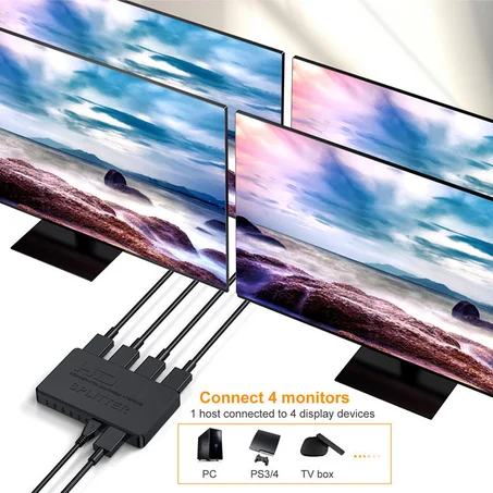 Commutateur compatible HDMI, 1 en 4 sorties, distributeur vidéo, répartiteur HDMI