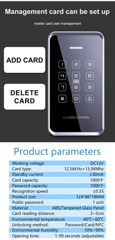 NFC clavier de contrôle d'accès étanche rétro-éclairage écran tactile 125Khz + 13.56Mhz + Téléphone NFC, RFID carte de proximité mot de passe lecteur de déverrouillage