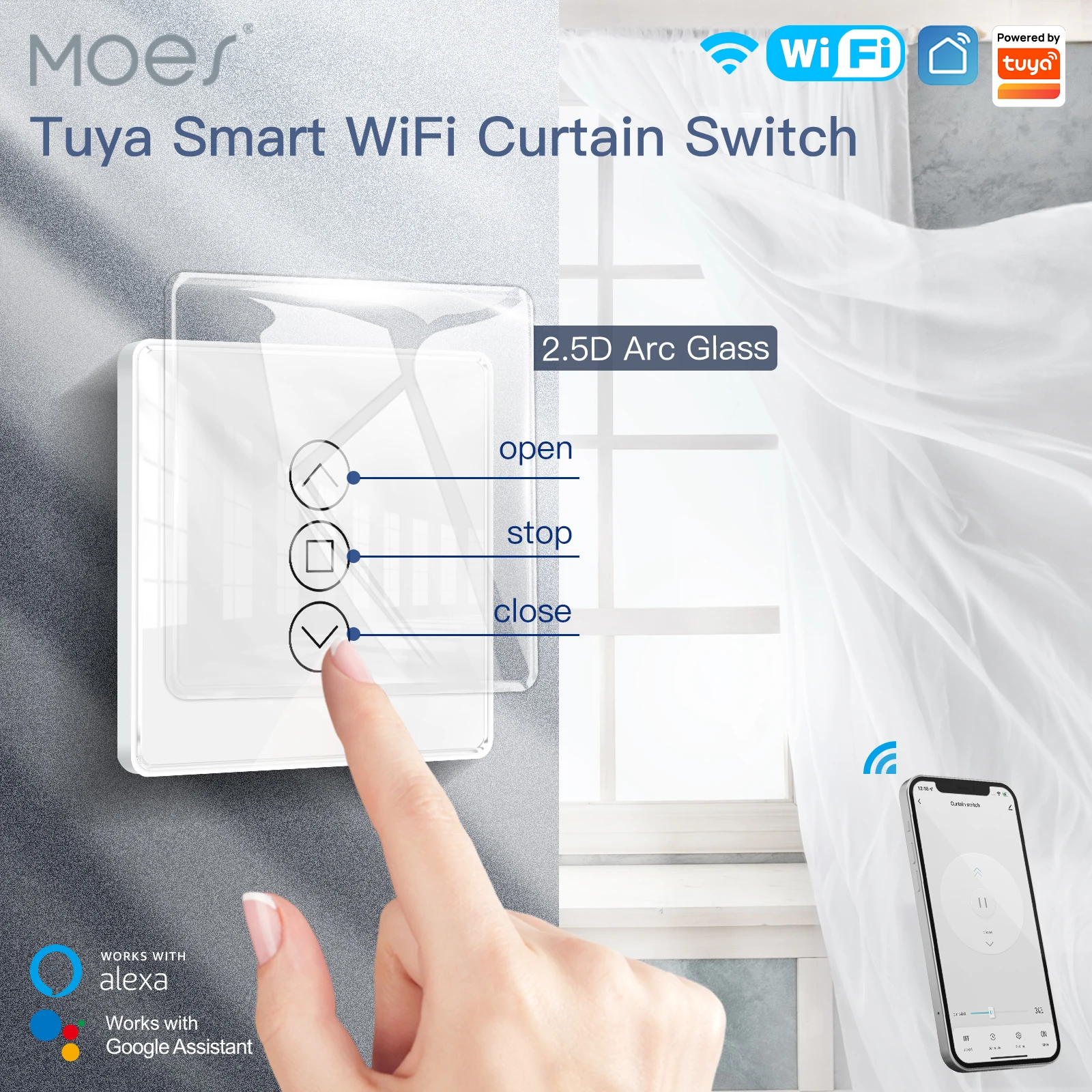 Moes Interrupteur WIFI 2.5D Arc verre écran tactile pour rideaux, volet roulant, Google Home, Alexa Voice
