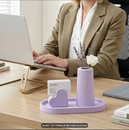 Ensemble de 3 Moules en Silicone pour Décoration de Bureau – Vase, Porte-Cartes et Plateau