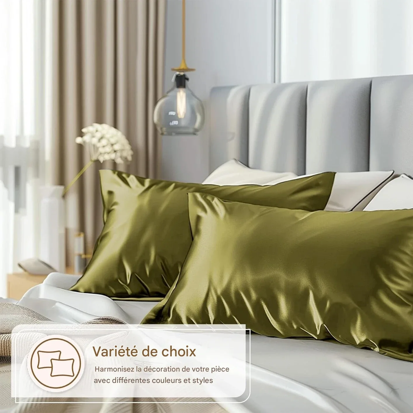 Deux Taies d’Oreiller En Satin De Soie kaki + Cadeau