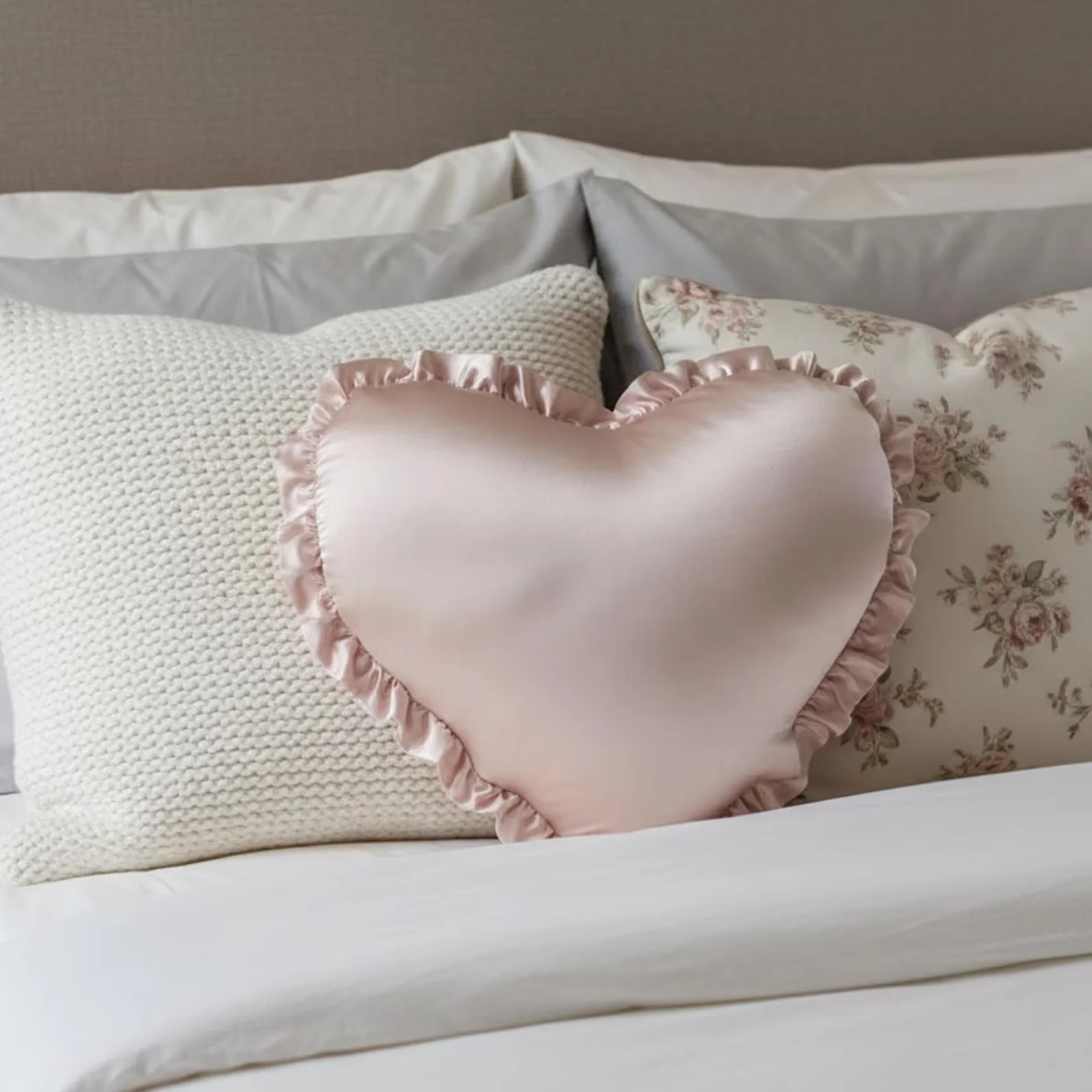 Coussin cœur en satin de soie avec volants