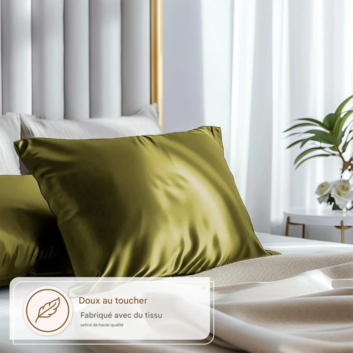 Deux Taies d’Oreiller En Satin De Soie kaki + Cadeau