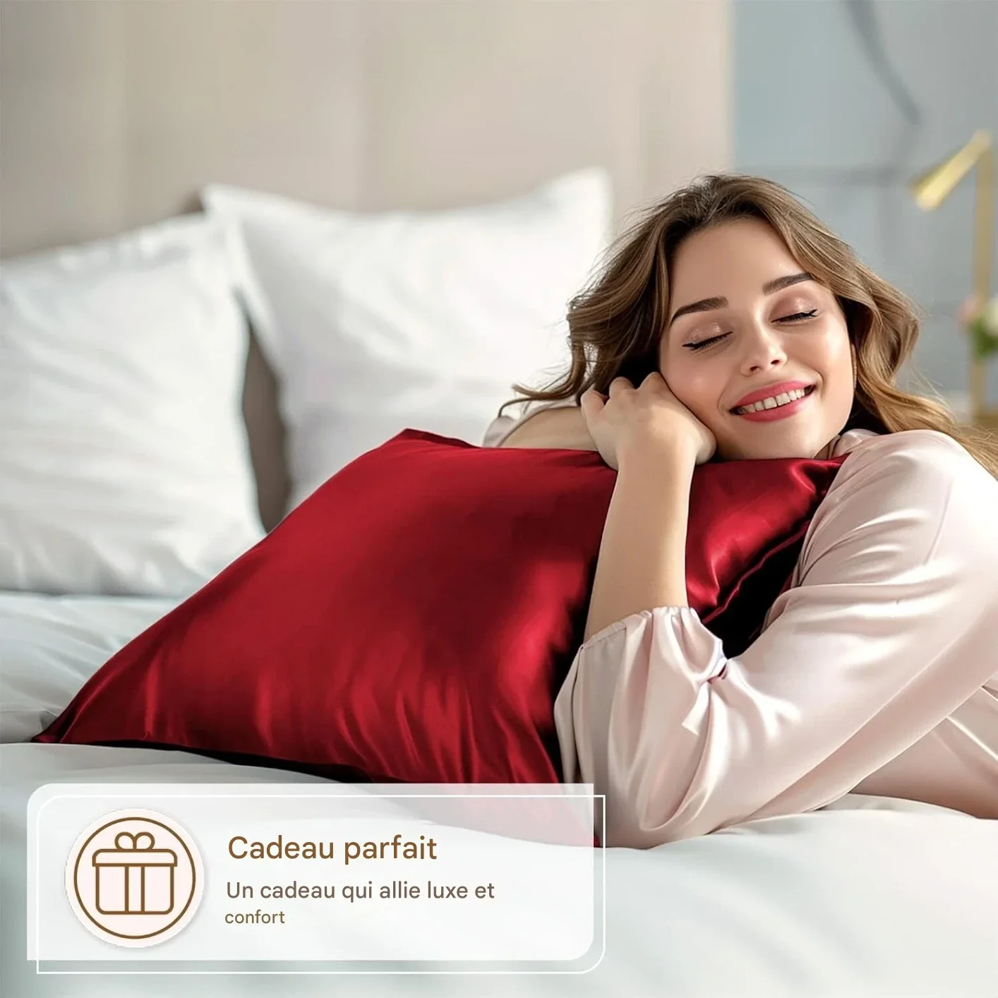 Deux Taies d’Oreiller En Satin De Soie Rouge + Cadeau