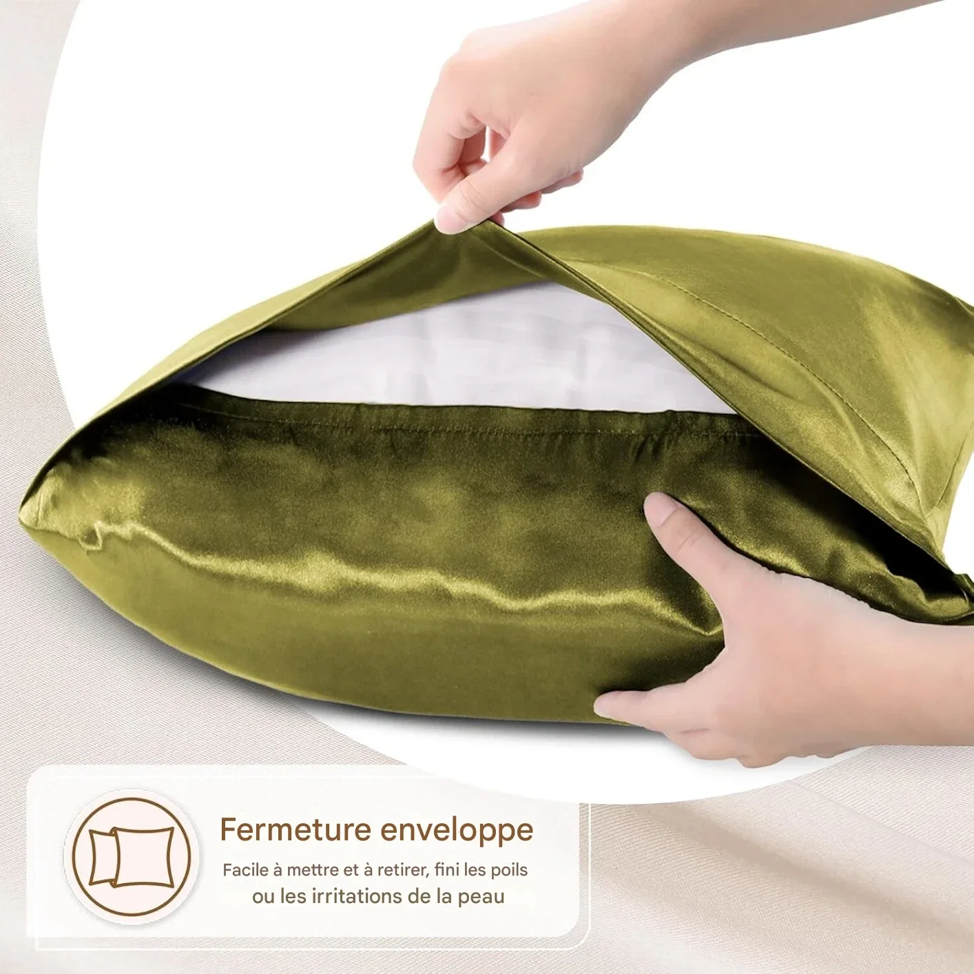 Deux Taies d’Oreiller En Satin De Soie kaki + Cadeau