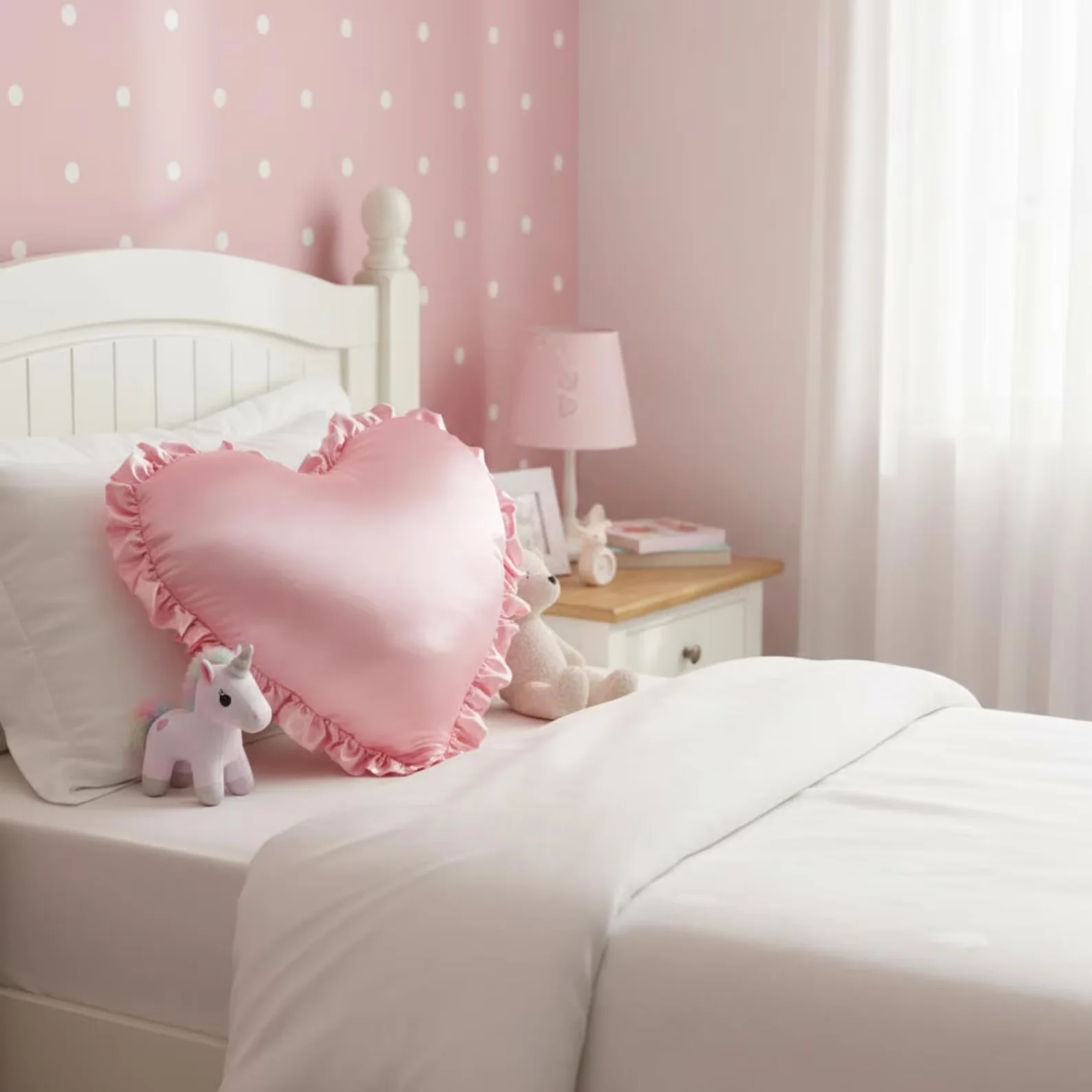 Coussin cœur en satin de soie avec volants