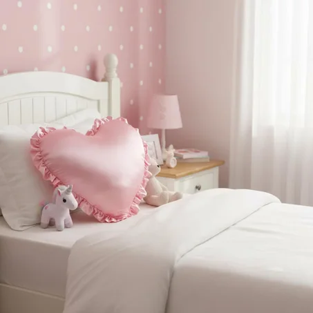 Coussin cœur en satin de soie avec volants