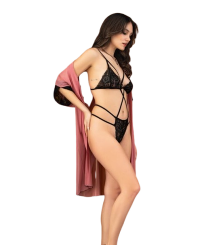 🌸 Ensemble Lingerie Élégant – Déshabillé Rose & Dessous Noirs