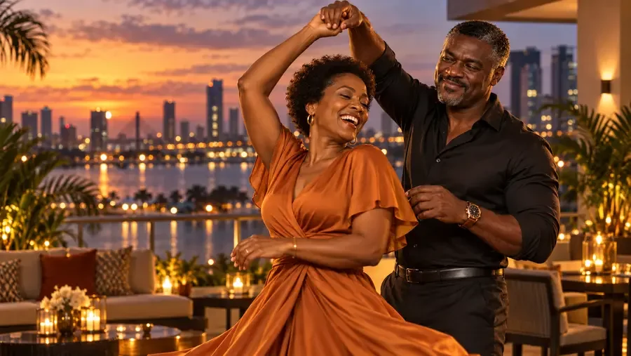 Couple complice qui danse sur une terrasse au coucher du soleil