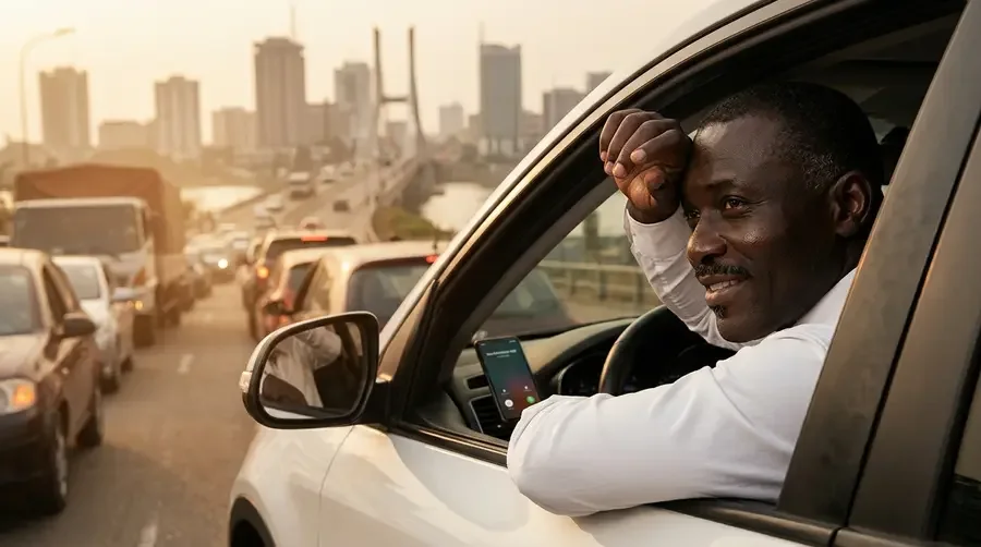 Homme souriant au volant dans la circulation d'Abidjan