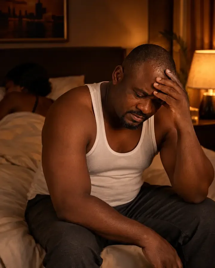 Homme frustré au bord du lit