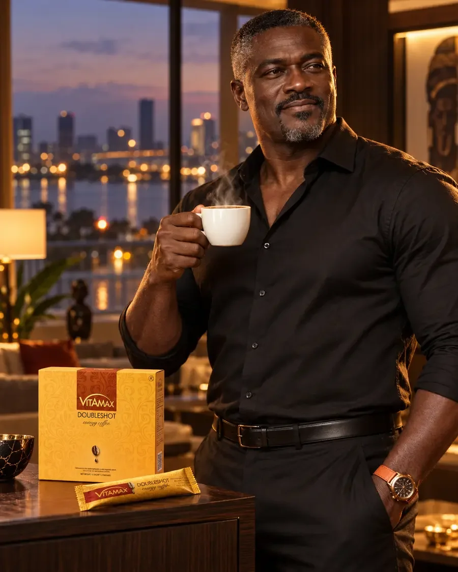 Client satisfait avec sa tasse de VITAMAX Café