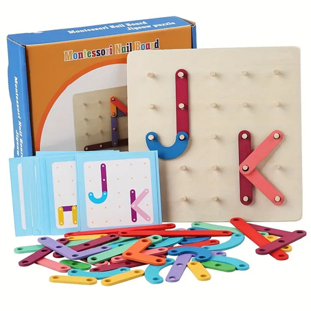 Puzzle créatif en panneau perforé, aide pédagogique graphique géométrique avec lettres et chiffres pour l'éducation précoce Montessori, jeu de puzzle de pilier interactif parent-enfant, jouet