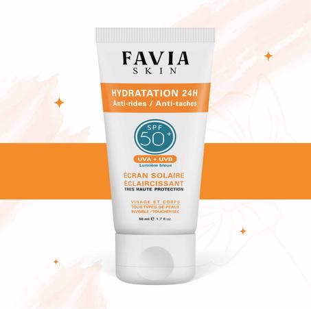 FAVIA SKIN ÉCRAN SOLAIRE ÉCLAIRCISSANT SPF50 HYDRATATION 24H, ANTI-RIDES / ANTI-TACHES