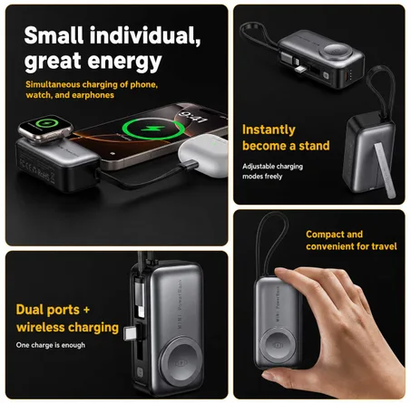 🔋 Chargeur portable ultra-compact 5000 mAh, 3 en 1, magnétique, compatible avec les iPhones et les Apple Watches, avec câble Lightning intégré ⚡ Rechargez 3 appareils n'importe où, n'importe