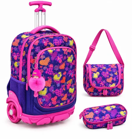 ⭐ Set Scolaire 3 Pièces Enfant – Cartable à Roulettes + Sac Déjeuner + Trousse