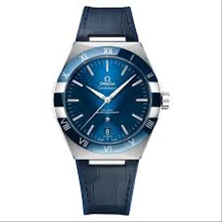 omega constellation blue dial leather strap